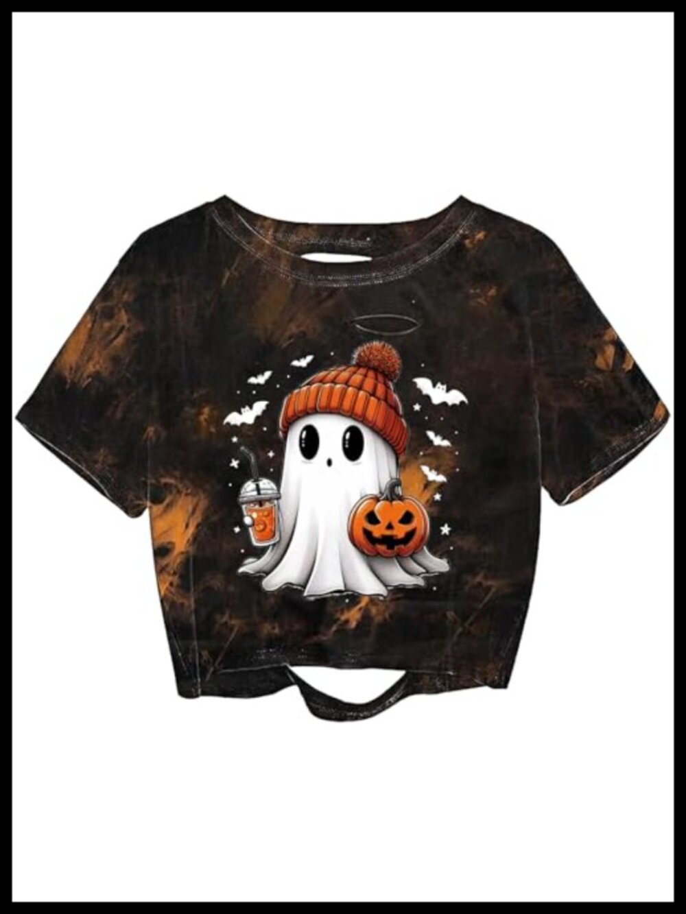 Women's Distressed Crop Tee Ghost Pumpkin Graphic Fall Halloween Top